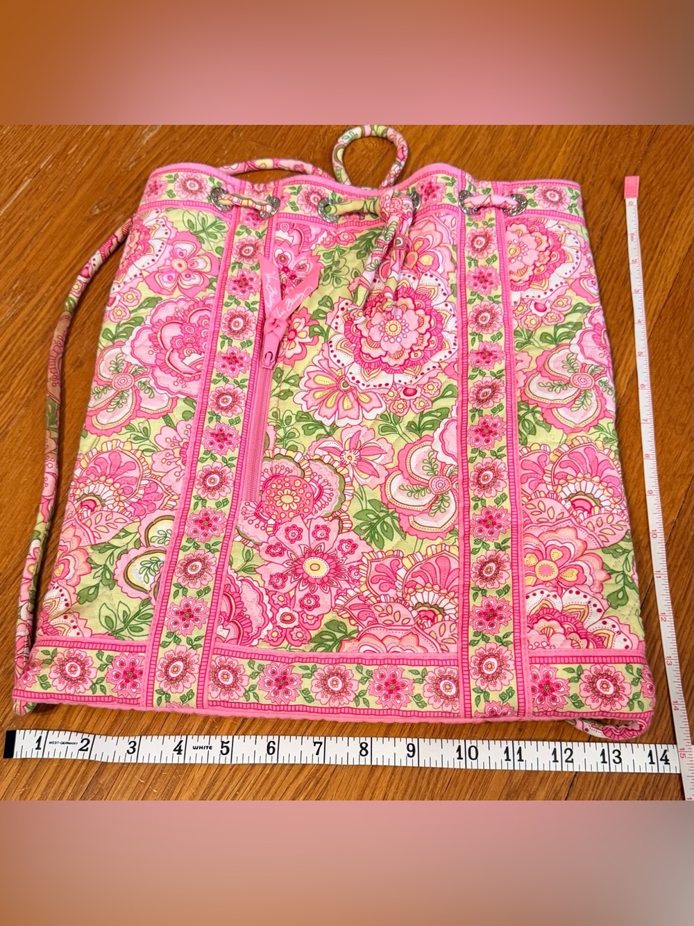 Vera Bradley Pink and Green Floral Drawstring Backpack Tote Accessory Bag